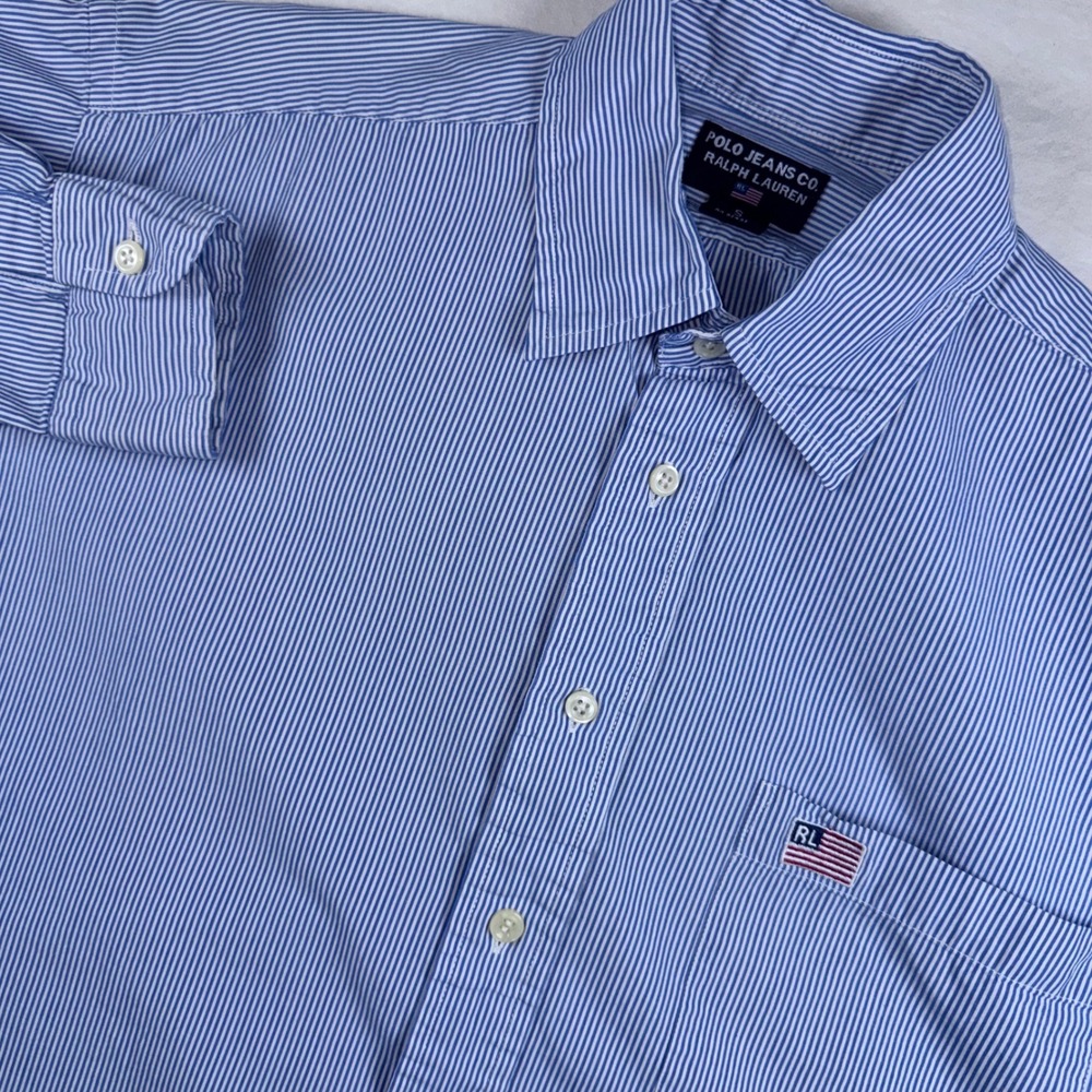 Polo Jeans Co Ralph Lauren Shirt Mens Small Blue White Striped Flag Logo S